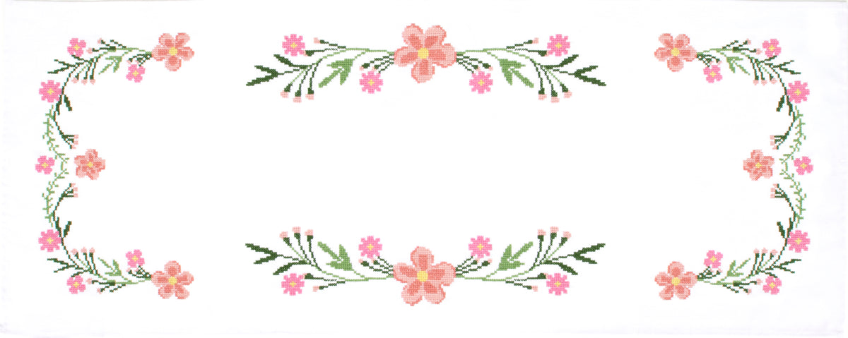 Pre-printed cotton table runner with daisy flower cross stitch design