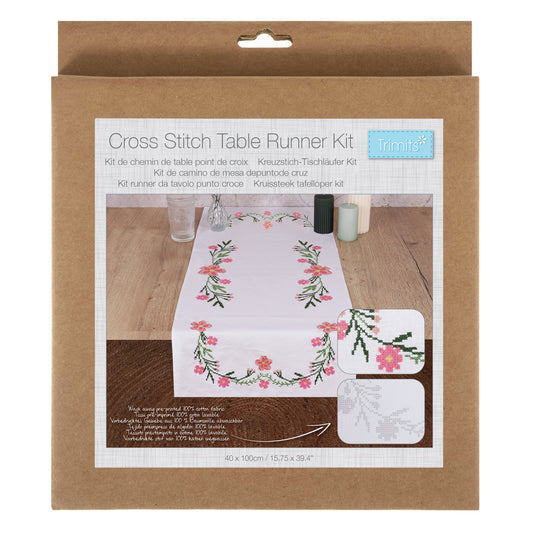 Pre-printed cotton table runner with daisy flower cross stitch design