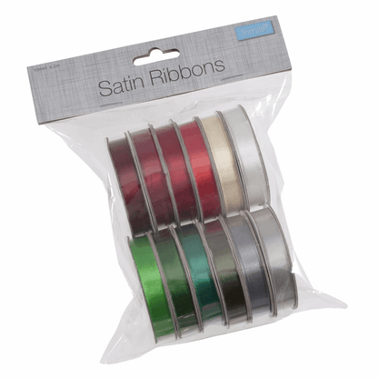 Christmas Satin Ribbon Bundle - 2m x 10mm (Pack of 12 Assorted Colours)