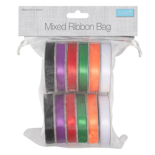 Twelve reels of satin ribbon in autumn and Halloween colours