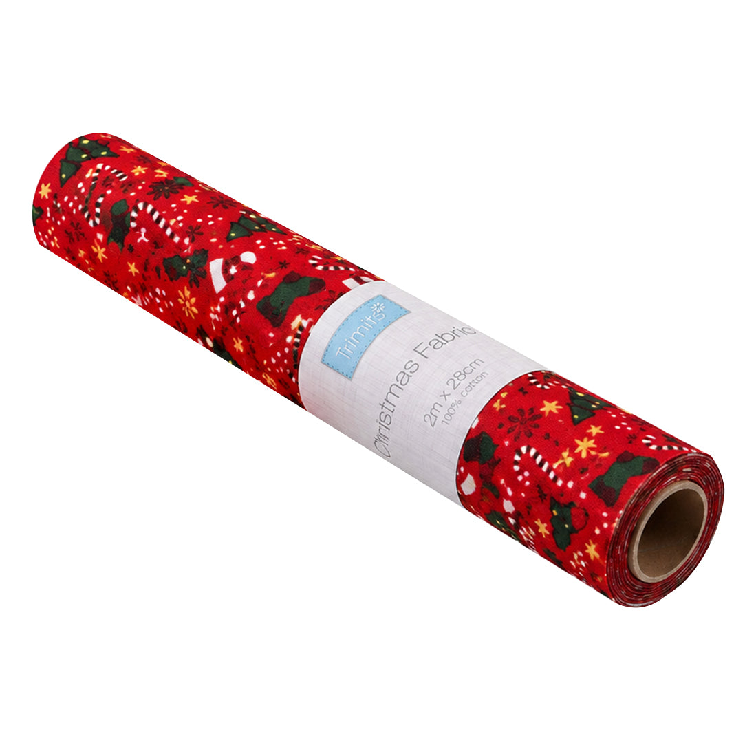 Red Christmas fabric roll with trees, candy canes and stars