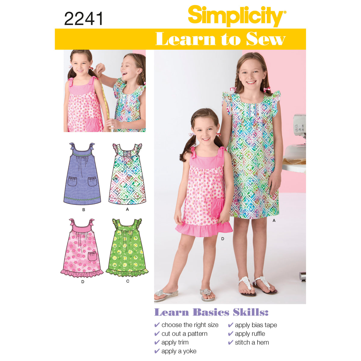 Simplicity S2241 sewing pattern envelope showing learn to sew child's and girls' dress