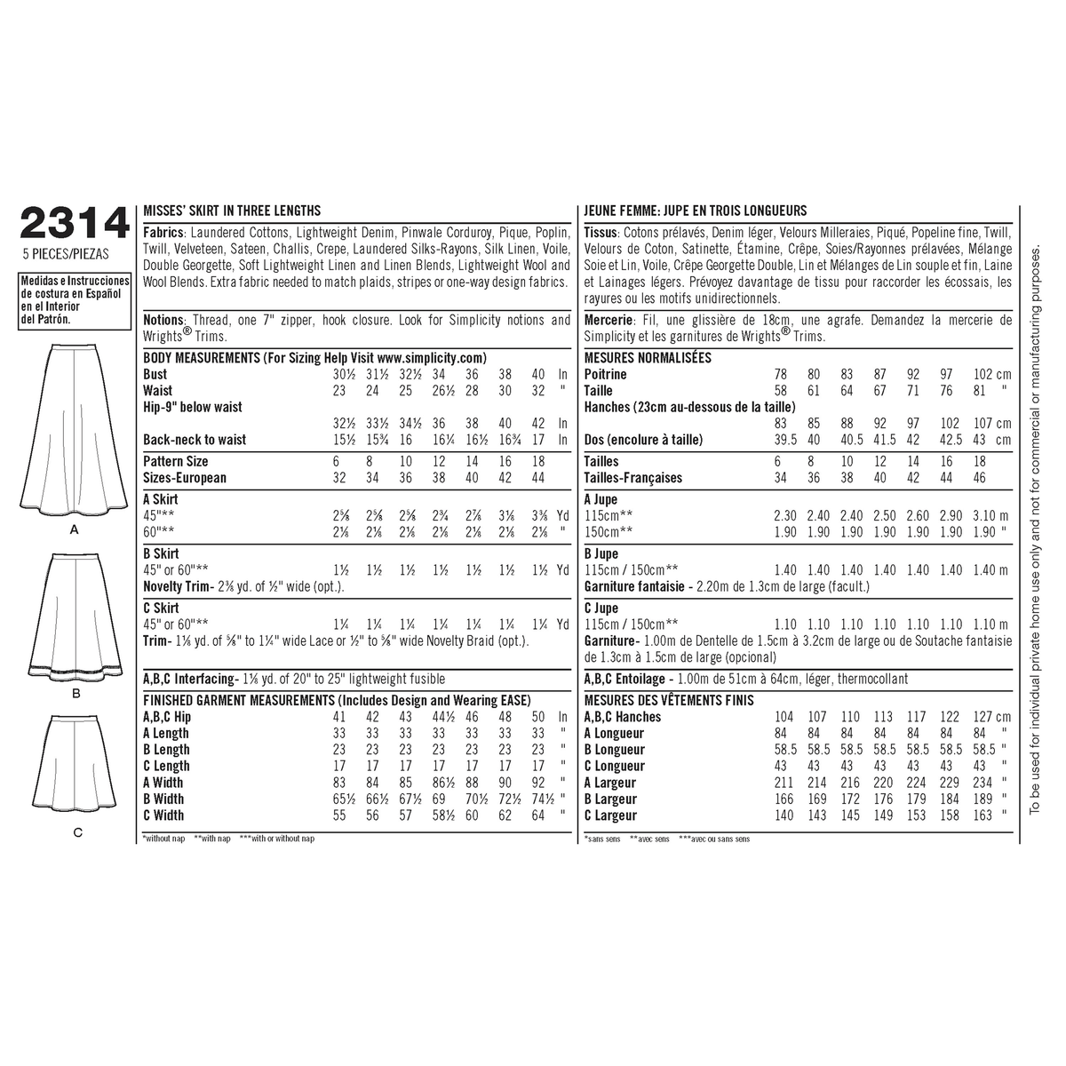 Simplicity S2314 sewing pattern envelope showing learn to sew misses' skirt