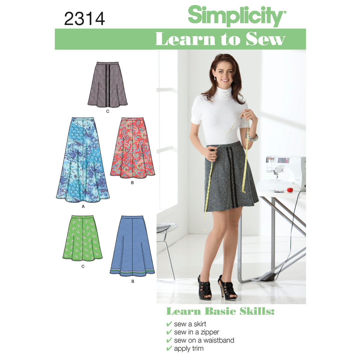 Simplicity S2314 sewing pattern envelope showing learn to sew misses' skirt