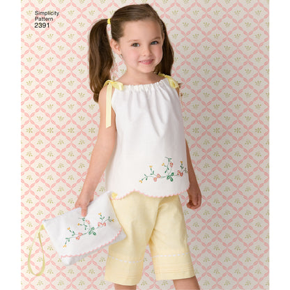 Simplicity S2391 sewing pattern envelope showing child's dress, tops, trousers and bag