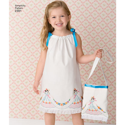 Simplicity S2391 sewing pattern envelope showing child's dress, tops, trousers and bag