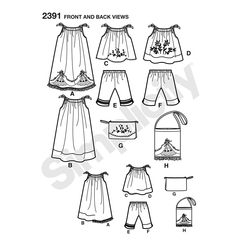 Simplicity S2391 sewing pattern envelope showing child's dress, tops, trousers and bag