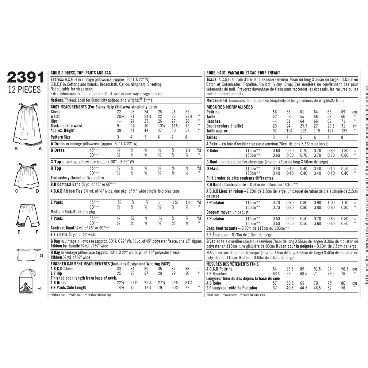 Simplicity S2391 sewing pattern envelope showing child's dress, tops, trousers and bag