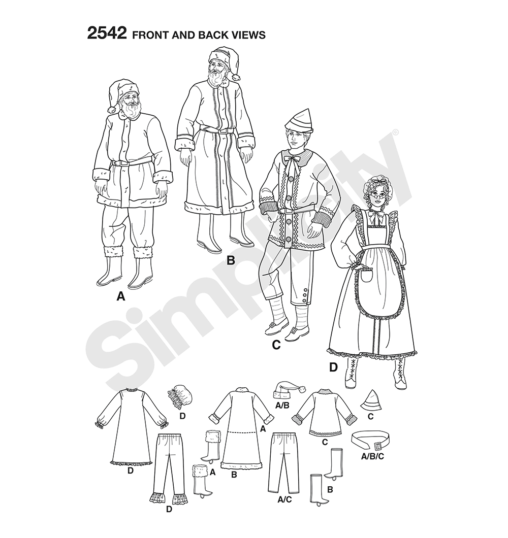 Simplicity S2542 sewing pattern envelope showing adult christmas costumes