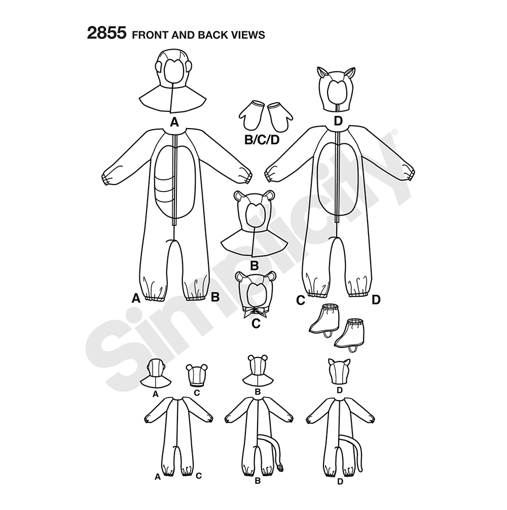 Simplicity S2855 sewing pattern envelope showing children's furry animal costumes
