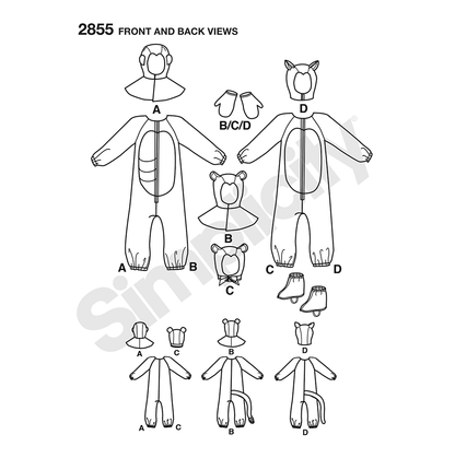 Simplicity S2855 sewing pattern envelope showing children's furry animal costumes