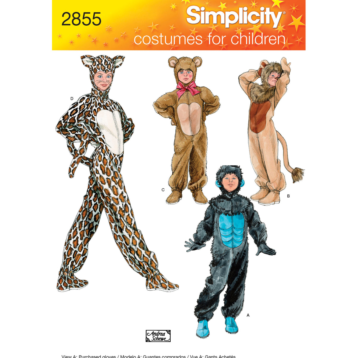 Simplicity S2855 sewing pattern envelope showing children's furry animal costumes