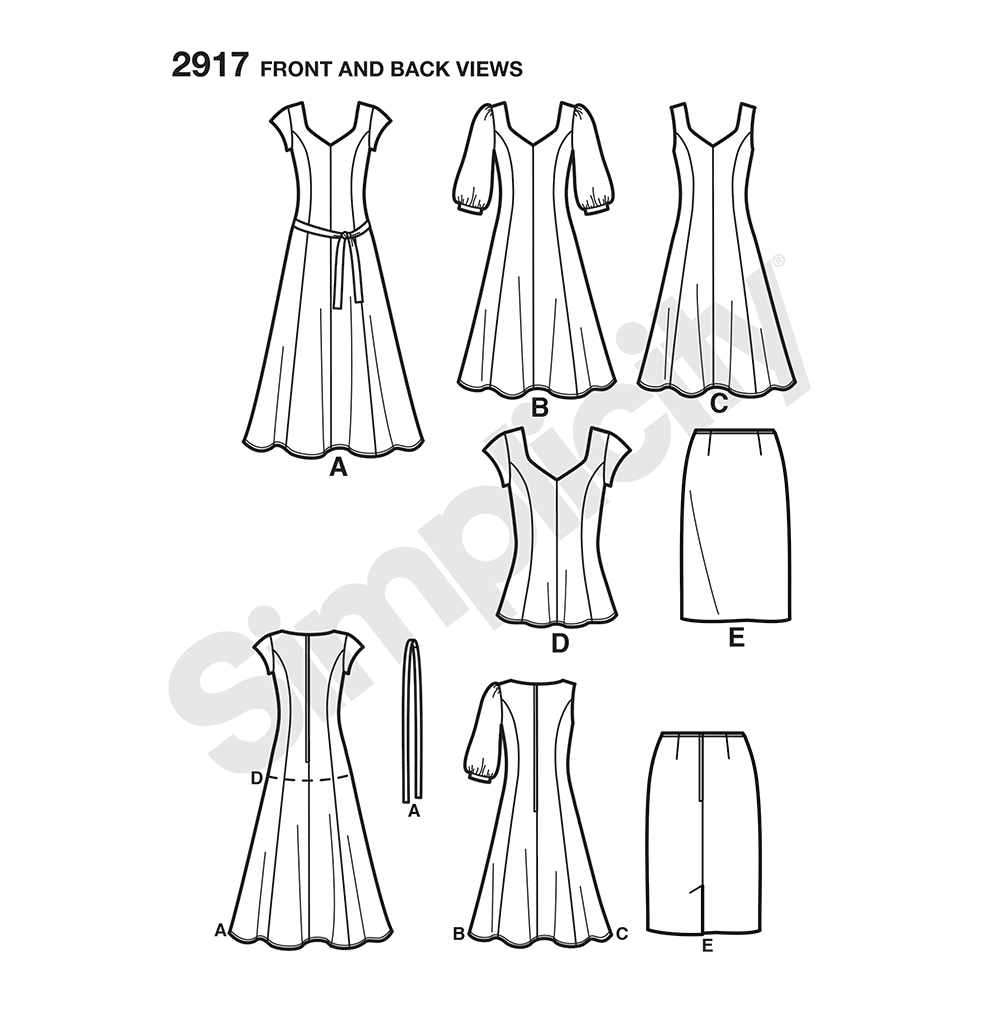 Simplicity S2917 sewing pattern envelope showing dresses, tunic and skirt