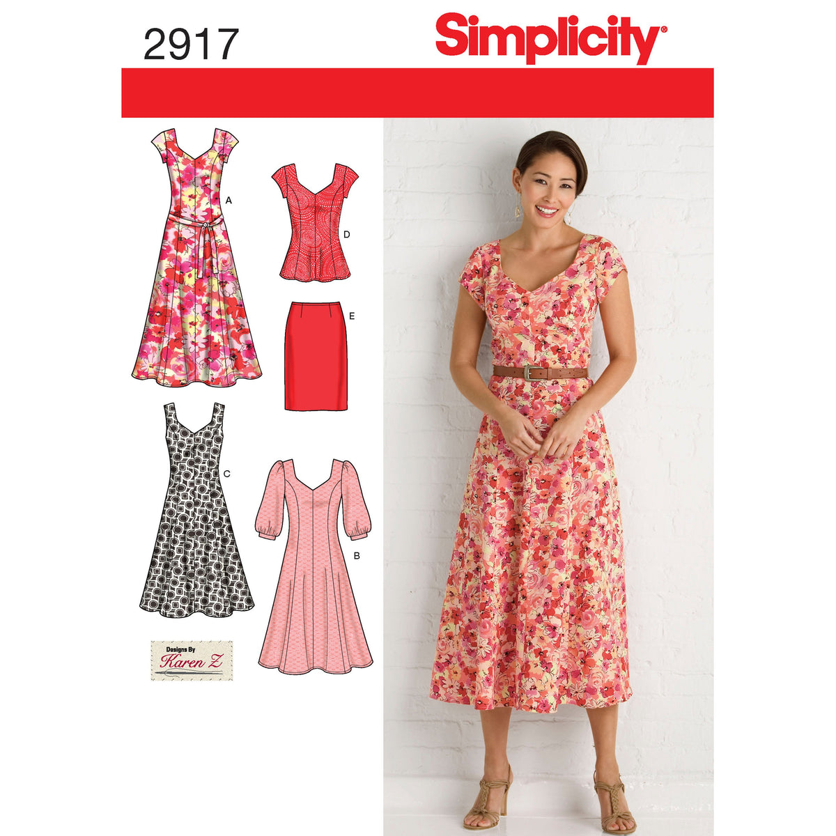 Simplicity S2917 sewing pattern envelope showing dresses, tunic and skirt