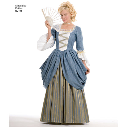 Simplicity S3723 sewing pattern envelope showing misses' historical costume dresses