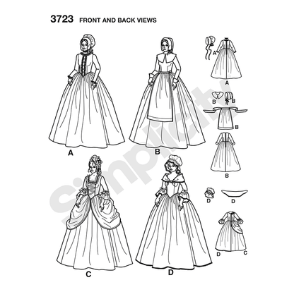 Simplicity S3723 sewing pattern envelope showing misses' historical costume dresses