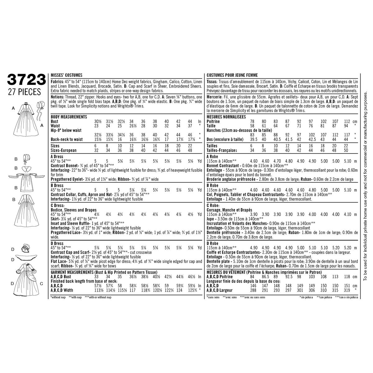 Simplicity S3723 sewing pattern envelope showing misses' historical costume dresses