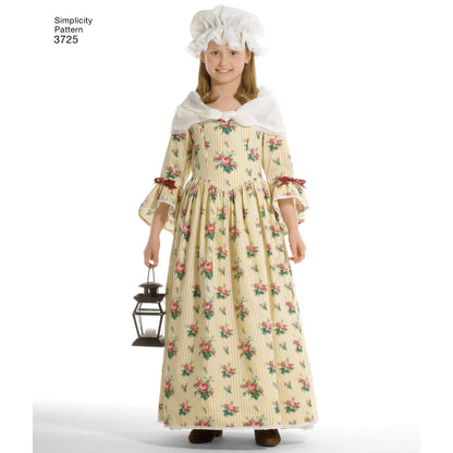 Simplicity S3725 sewing pattern envelope showing girls' historical costume dresses