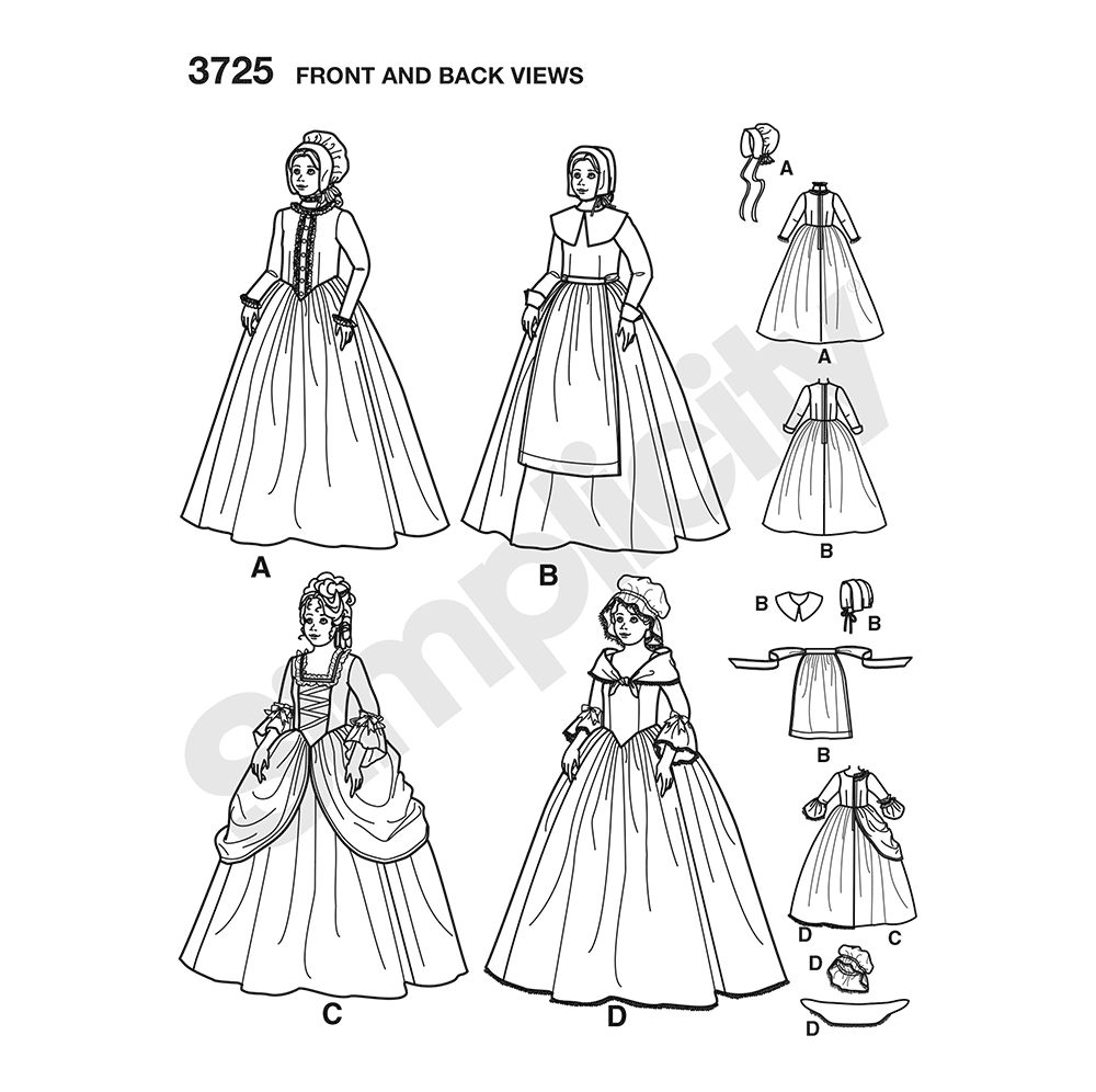 Simplicity S3725 sewing pattern envelope showing girls' historical costume dresses