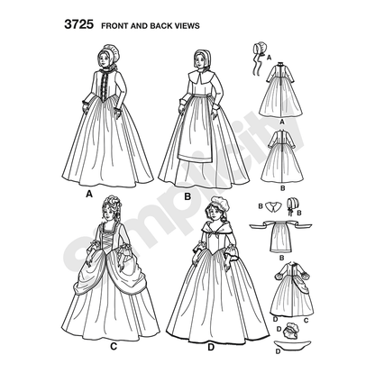 Simplicity S3725 sewing pattern envelope showing girls' historical costume dresses