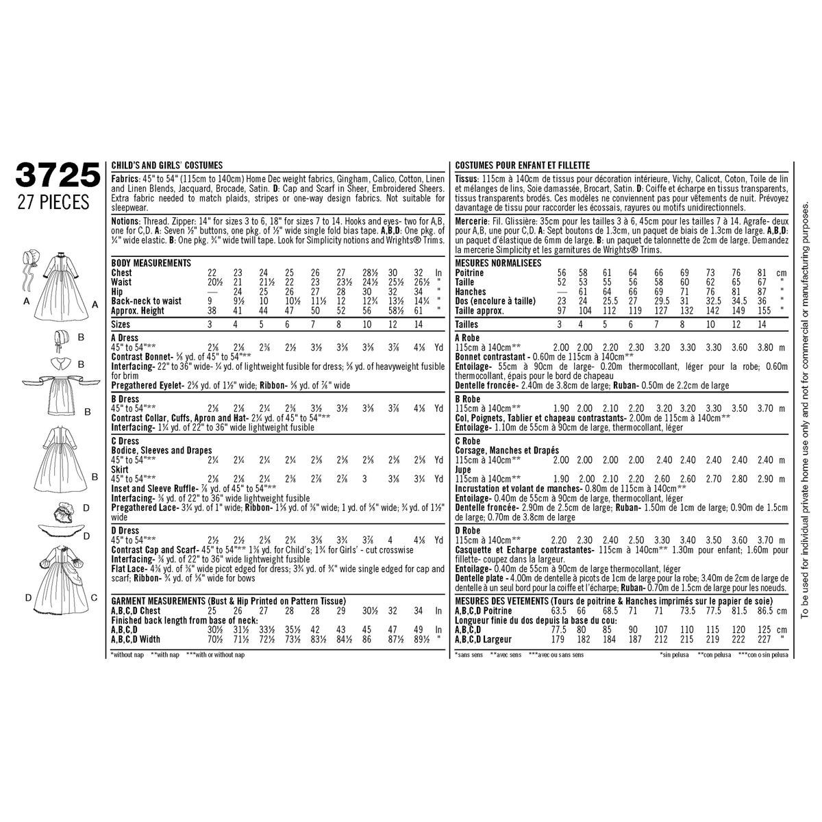 Simplicity S3725 sewing pattern envelope showing girls' historical costume dresses