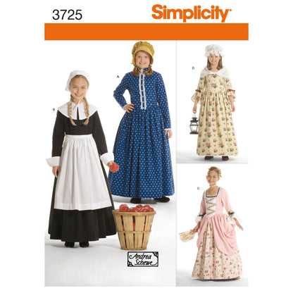 Simplicity S3725 sewing pattern envelope showing girls' historical costume dresses