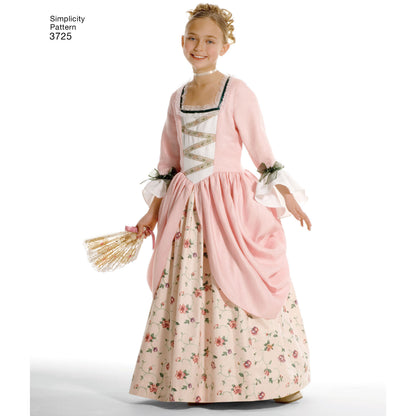Simplicity S3725 sewing pattern envelope showing girls' historical costume dresses