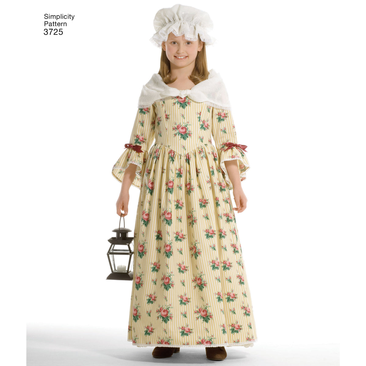 Simplicity S3725 sewing pattern envelope showing girls' historical costume dresses