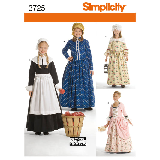 Simplicity S3725 sewing pattern envelope showing girls' historical costume dresses