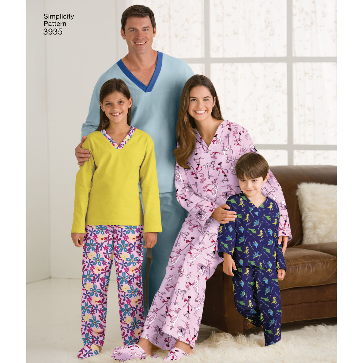 Simplicity S3935 sewing pattern envelope showing unisex lounge trousers, top and slippers