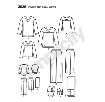 Simplicity S3935 sewing pattern envelope showing unisex lounge trousers, top and slippers