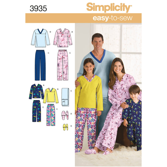 Simplicity S3935 sewing pattern envelope showing unisex lounge trousers, top and slippers