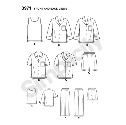 Simplicity S3971 sewing pattern envelope showing unisex sleepwear