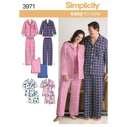Simplicity S3971 sewing pattern envelope showing unisex sleepwear