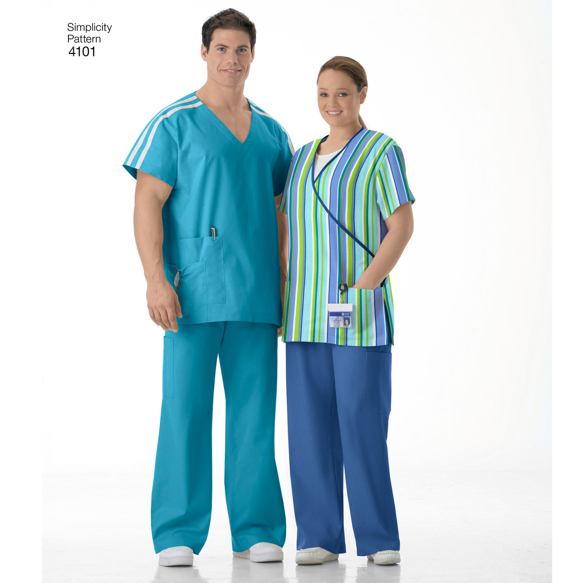 Simplicity S4101 sewing pattern envelope showing unisex scrubs