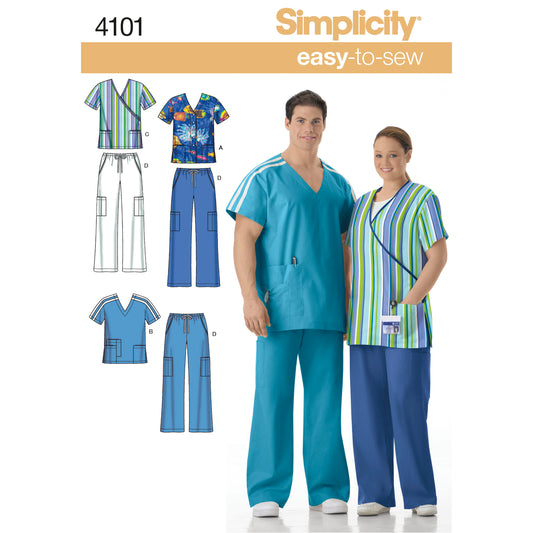Simplicity S4101 sewing pattern envelope showing unisex scrubs