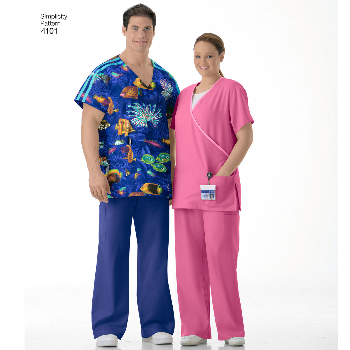 Simplicity S4101 sewing pattern envelope showing unisex scrubs