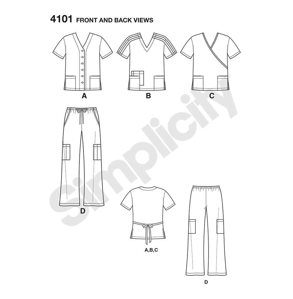 Simplicity S4101 sewing pattern envelope showing unisex scrubs