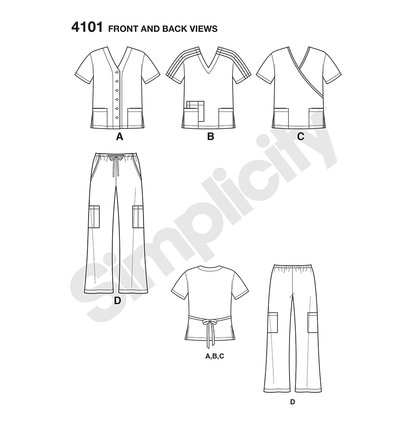 Simplicity S4101 sewing pattern envelope showing unisex scrubs