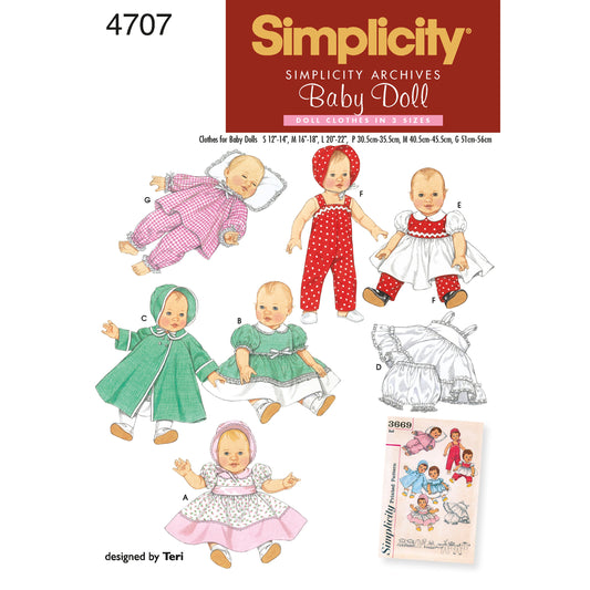 Simplicity S4707 sewing pattern envelope showing vintage baby doll clothes