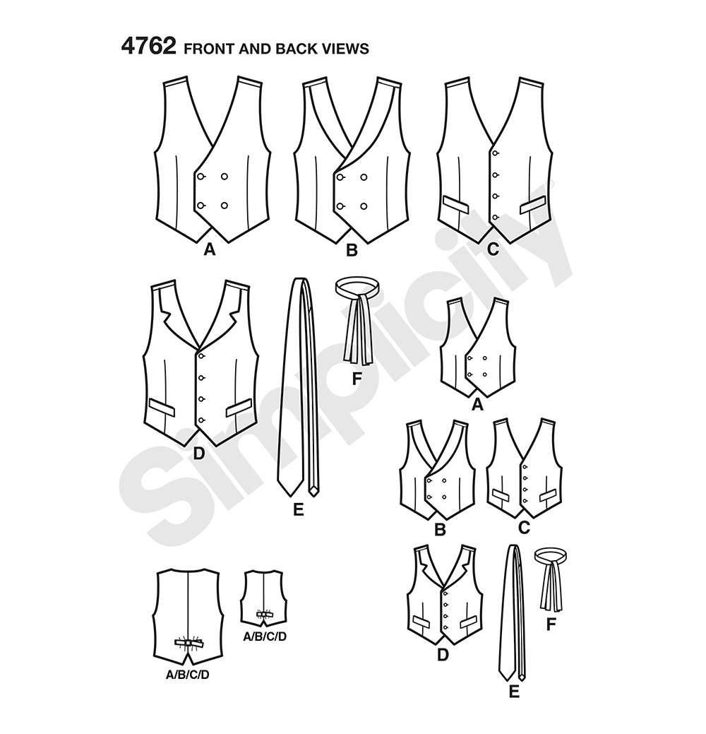Simplicity S4762 sewing pattern envelope showing men's and boys' waistcoats and ties