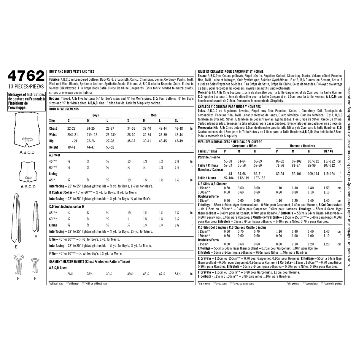 Simplicity S4762 sewing pattern envelope showing men's and boys' waistcoats and ties