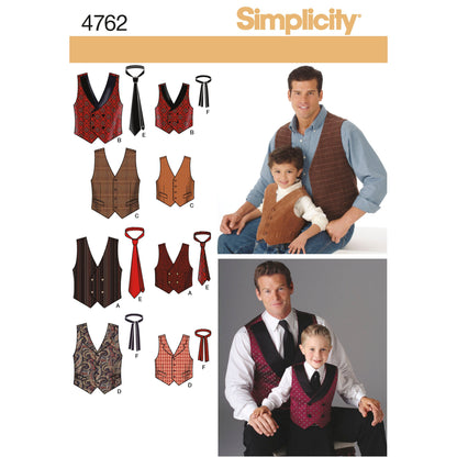 Simplicity S4762 sewing pattern envelope showing men's and boys' waistcoats and ties