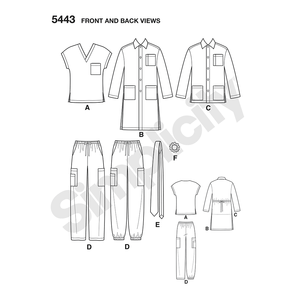 Simplicity S5443 sewing pattern envelope showing unisex scrubs