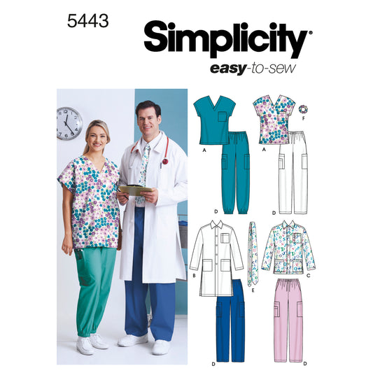 Simplicity S5443 sewing pattern envelope showing unisex scrubs