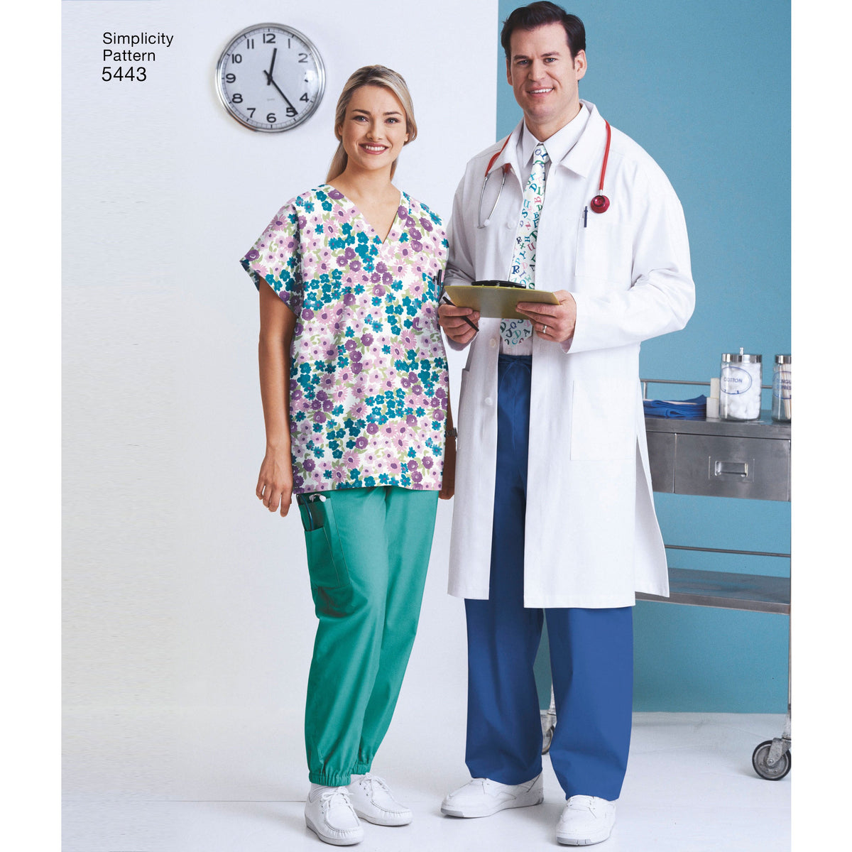 Simplicity S5443 sewing pattern envelope showing unisex scrubs