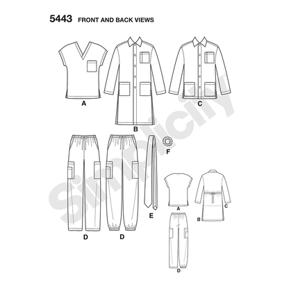 Simplicity S5443 sewing pattern envelope showing unisex scrubs