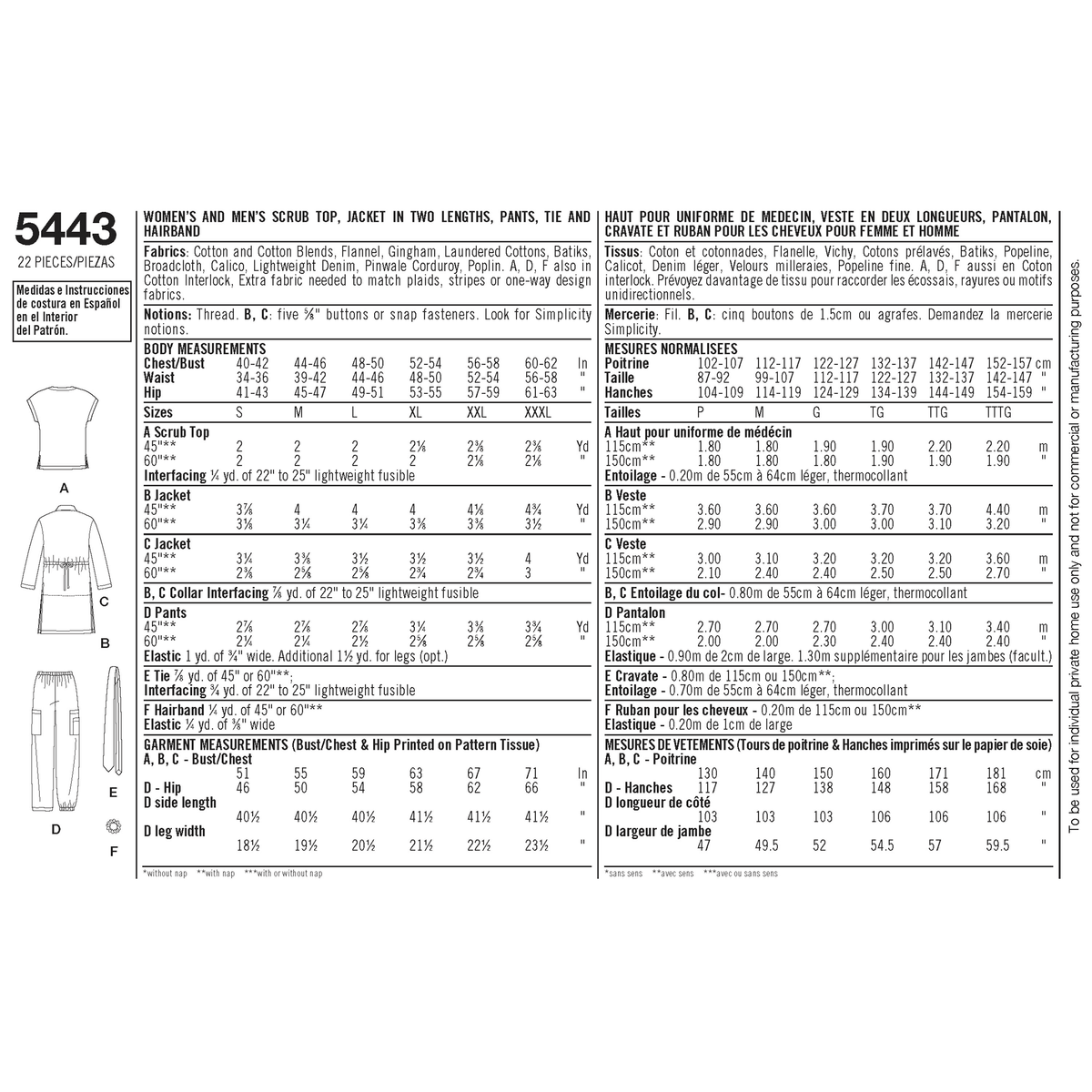 Simplicity S5443 sewing pattern envelope showing unisex scrubs