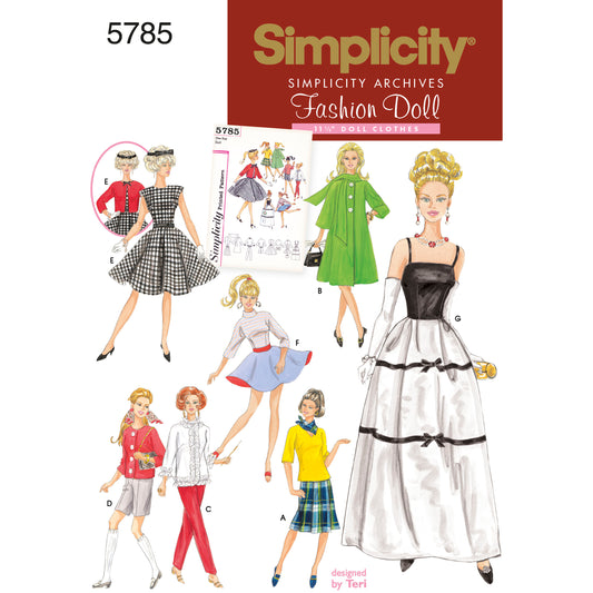 Simplicity S5785 sewing pattern envelope showing doll clothes