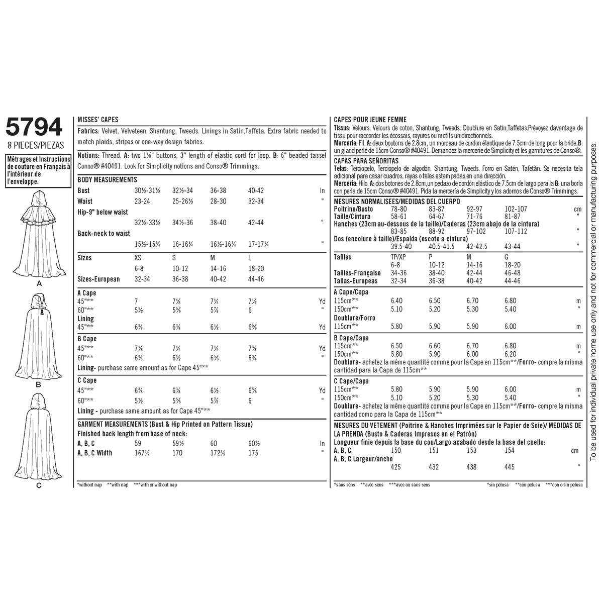 Simplicity S5794 sewing pattern envelope showing misses' capes